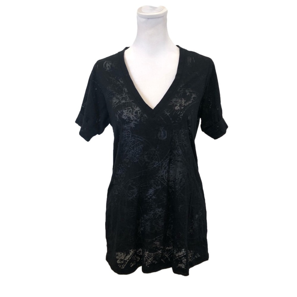 BCBGMaxAzria Size L black burnout short sleeve v-neck ladies top.